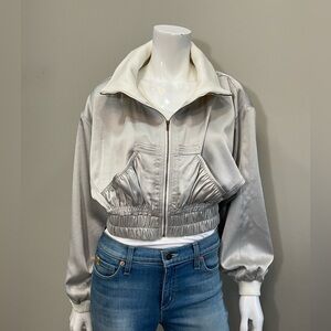 Anthropologie Cropped Satin Bomber Jacket Light Gray Elastic Waist